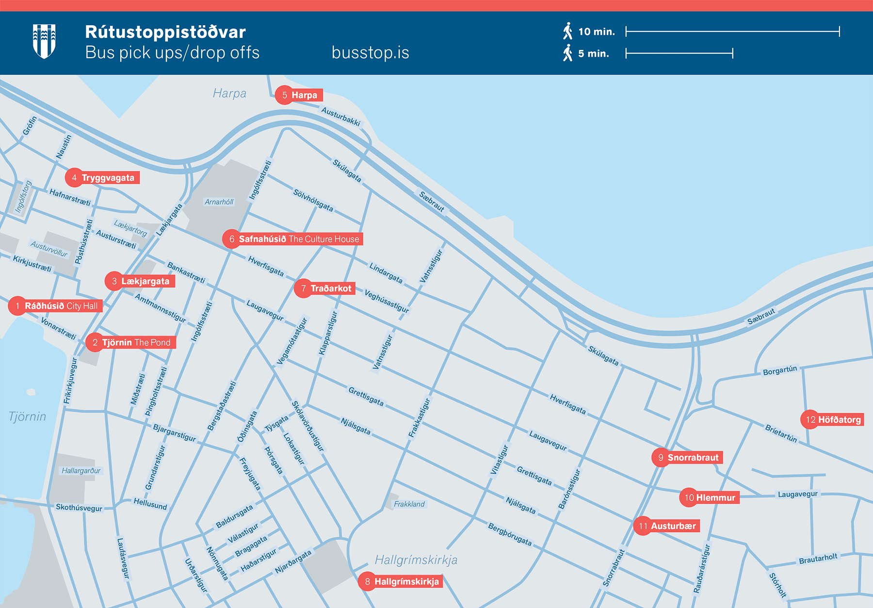 Reykjavik bus pick ups and drop off map showing bus stops